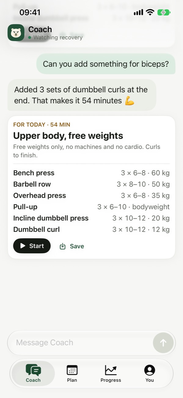 You ask: Can you add something for biceps? The coach adds 3 sets of dumbbell curls at the end, and the card now lists six exercises and 54 minutes.